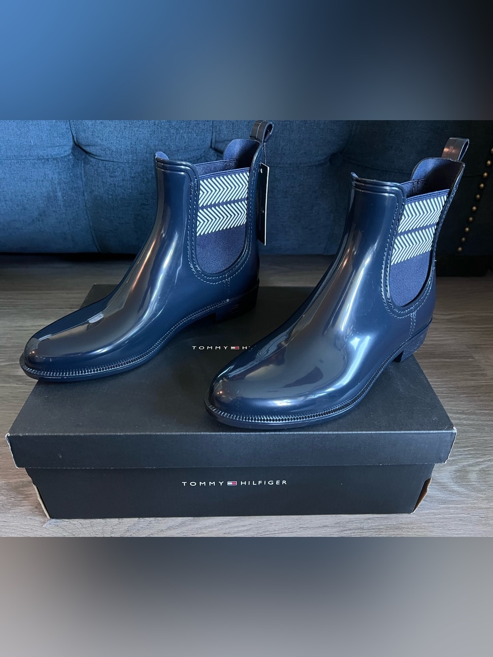 NWT Tommy Hilfiger Navy Blue Chelsea Rain Boots with Chevron Detail